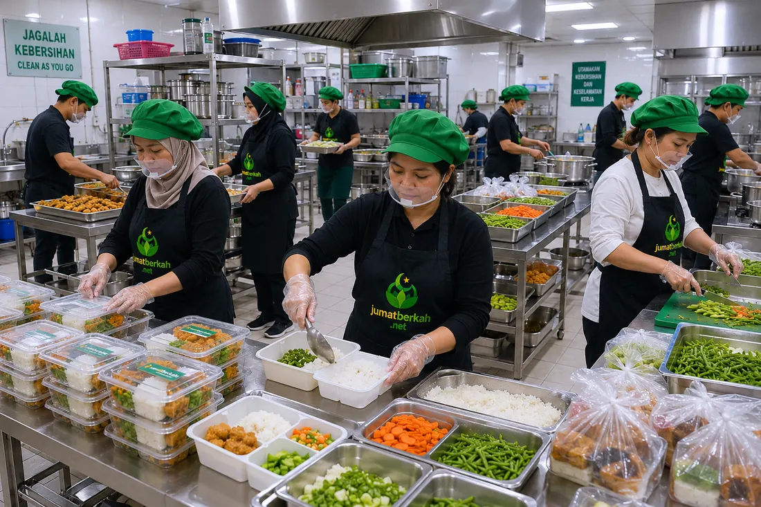 Tim dapur jumatberkah.net menyiapkan dan mengemas paket makanan di dapur