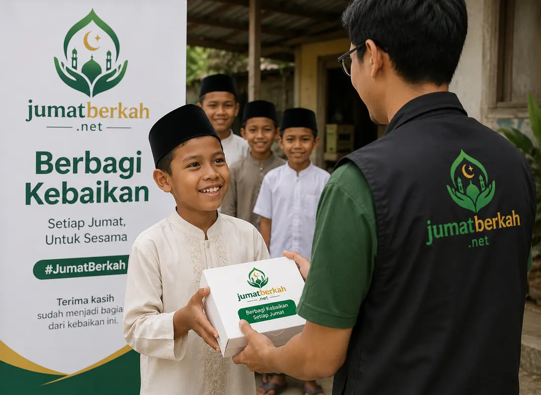 Anak-anak panti asuhan tersenyum menerima kotak makan dari relawan