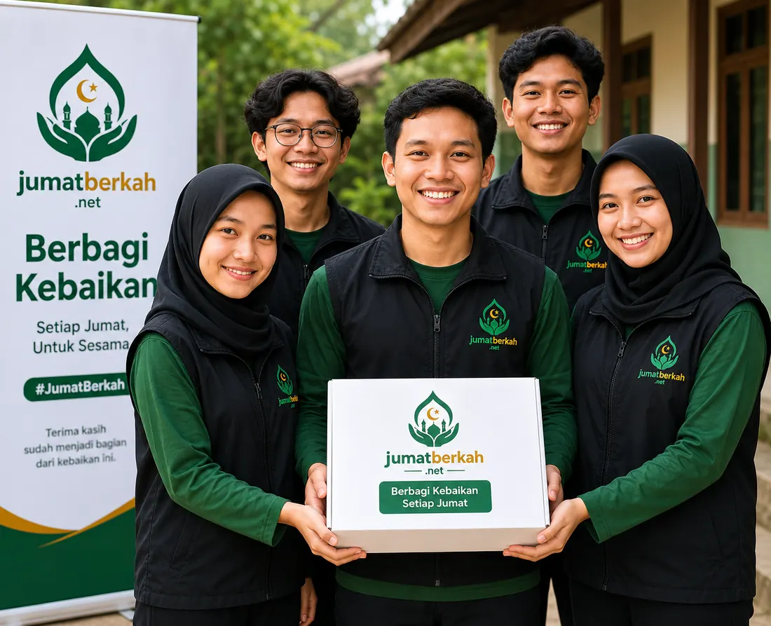 Tim relawan jumatberkah.net memegang kotak paket berkah