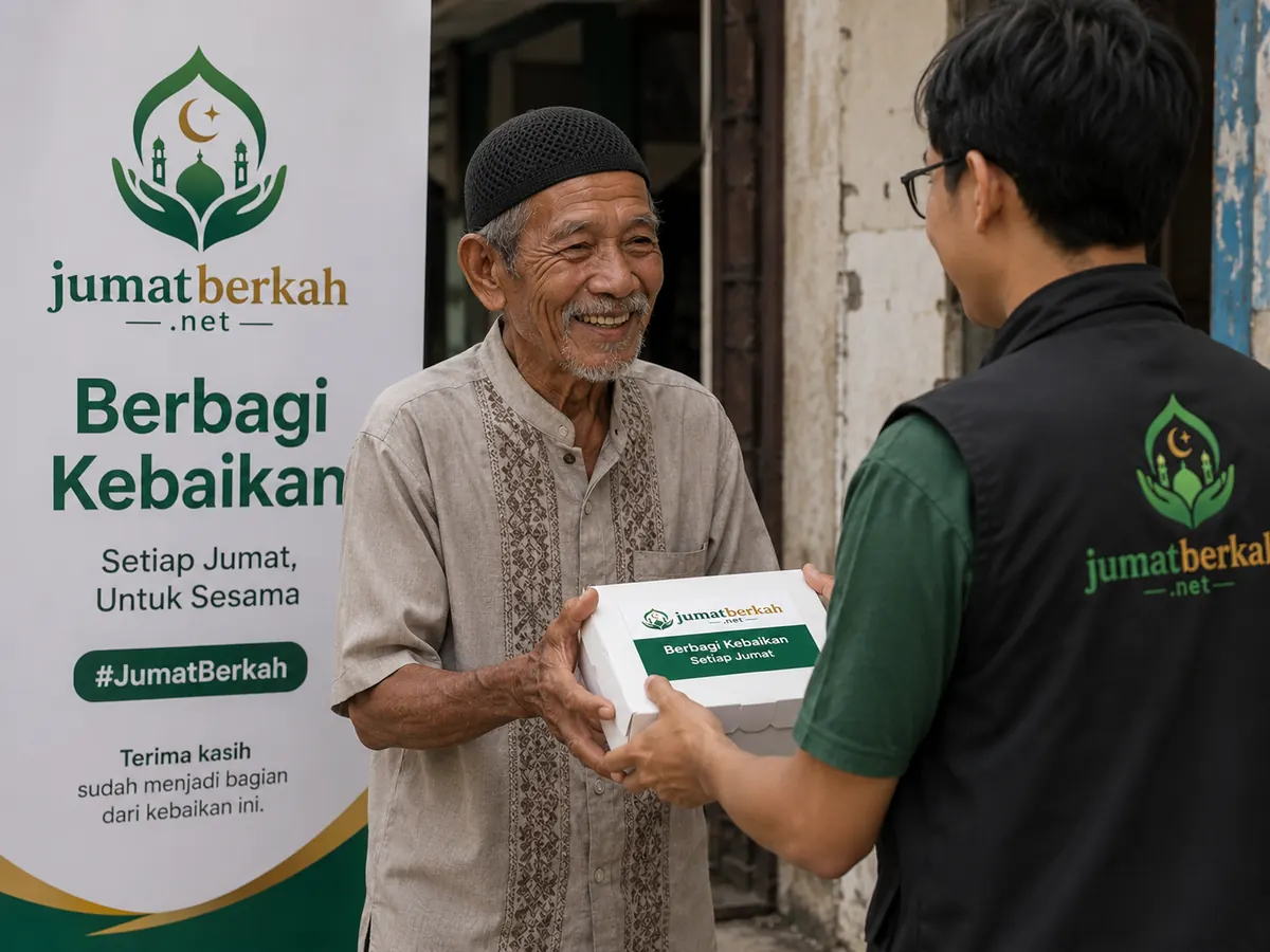 Relawan jumatberkah.net menyerahkan nasi kotak kepada seorang bapak di depan masjid